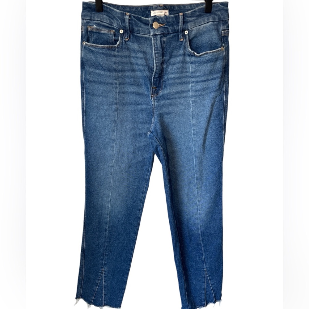Good American Good Boy Jeans Straight Leg High Rise Split Hem Indigo Size 8/29